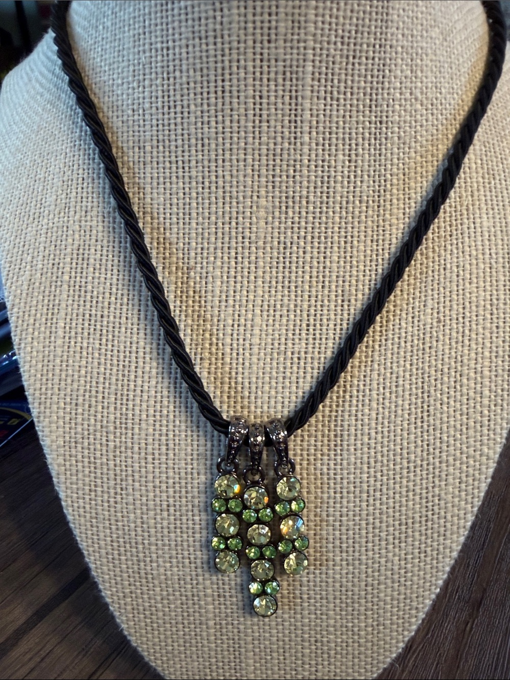 Lia Sophia Green Crystal Cluster Pendant on Twisted Black Cord